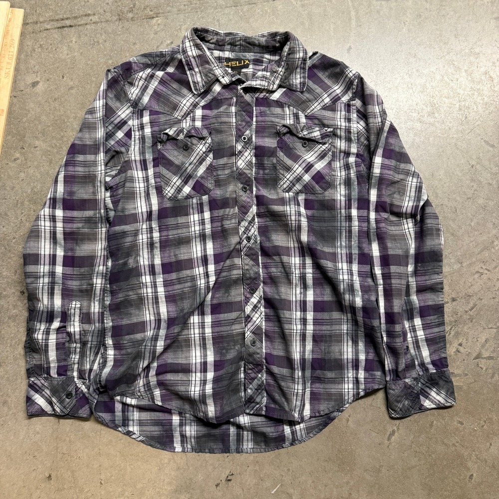 Helix Mens XL Purple Grey Plaid‎ Western Long Sleeve Button Down Shirt Acid Wash